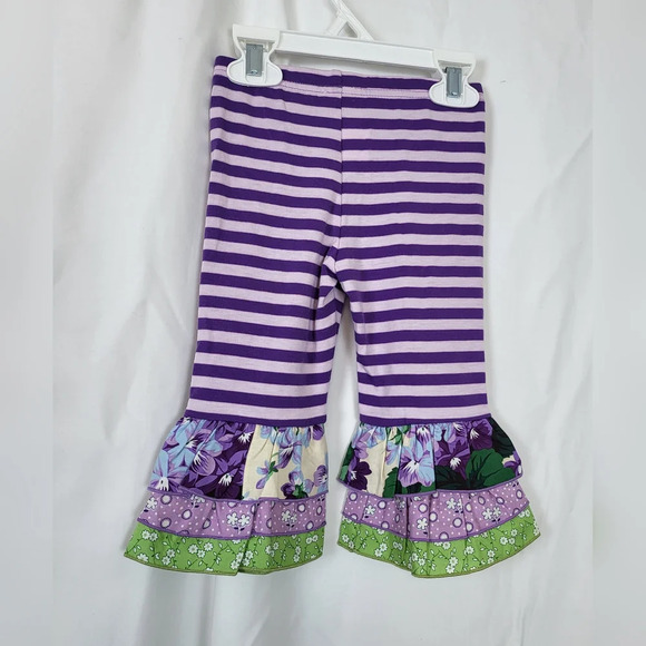 Gurlybird Purple Green Beige Floral Striped Ruffle Cotton Dress Set Size 2T - Picture 9 of 10
